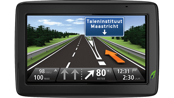 Screenshot navigatiesysteem met tekst Taleninstituut Maastricht aangegeven - in kleur op transparante achtergrond - 600 * 337 pixels